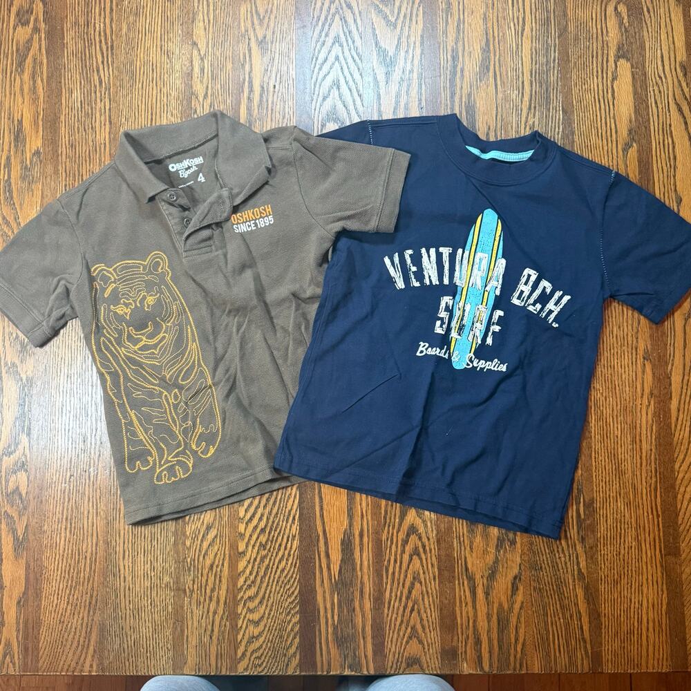 Oshkosh B’Gosh Boys Brown Polo Tiger Shirt and Blue Surf Club Shirt Cotton 4T